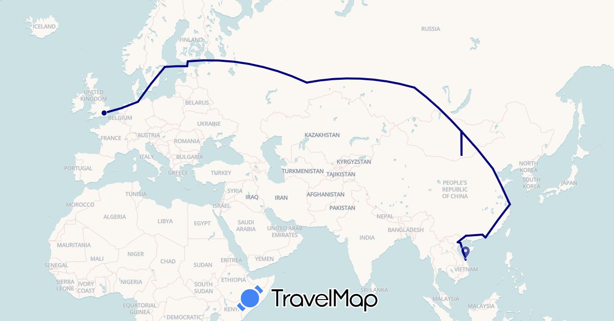 TravelMap itinerary: driving in China, Germany, Estonia, Finland, United Kingdom, Mongolia, Netherlands, Russia, Sweden, Vietnam (Asia, Europe)